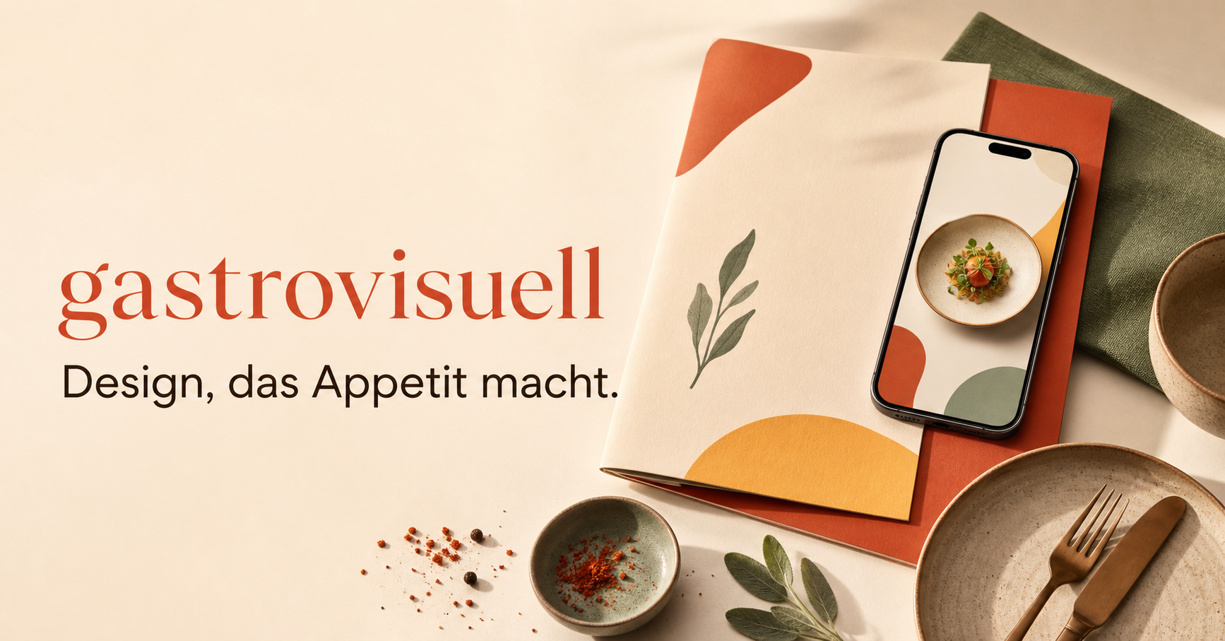 Markenwelt von gastrovisuell mit Speisekarte und Smartphone