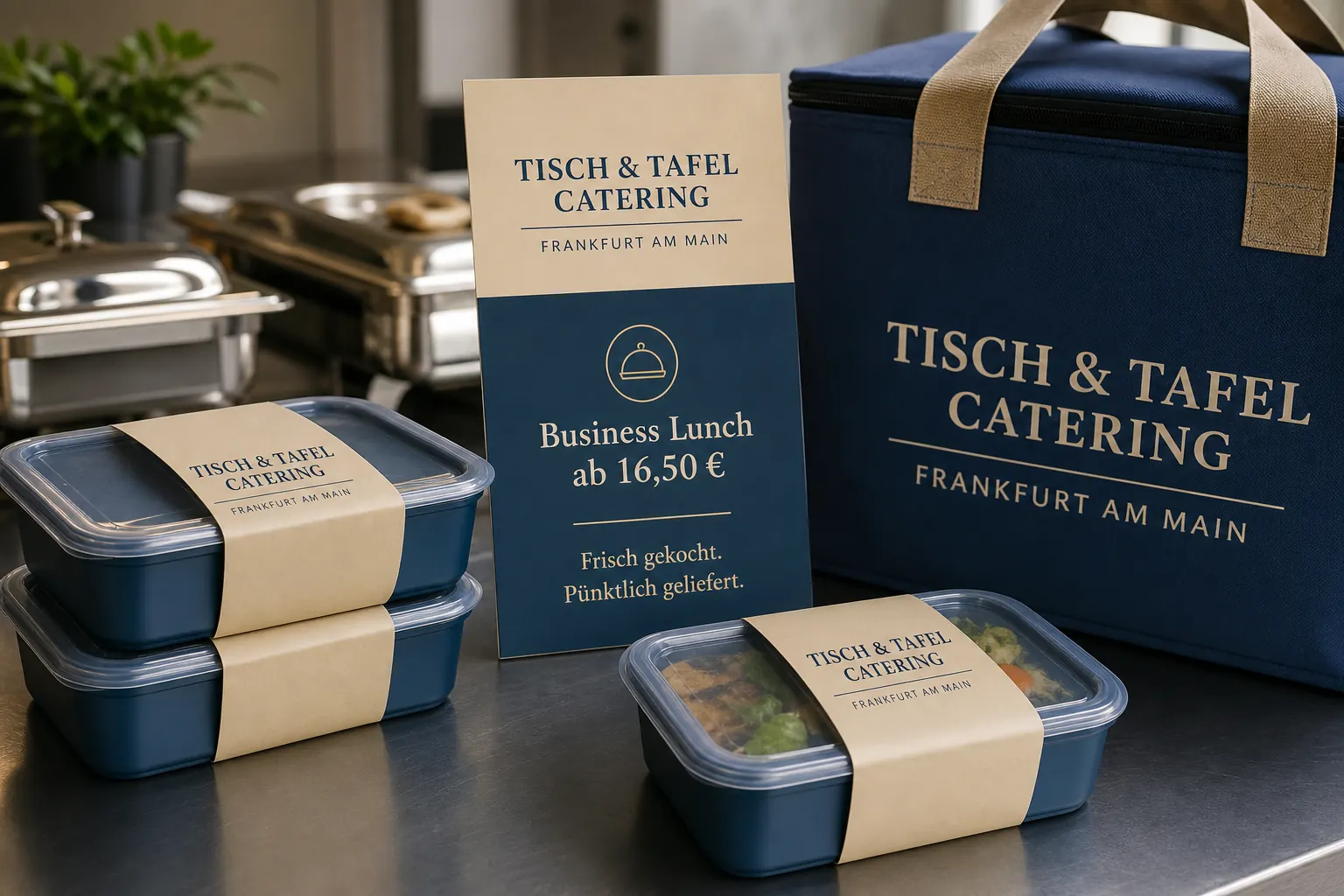 Mockup einer Catering-Verpackung mit Karte und Etiketten