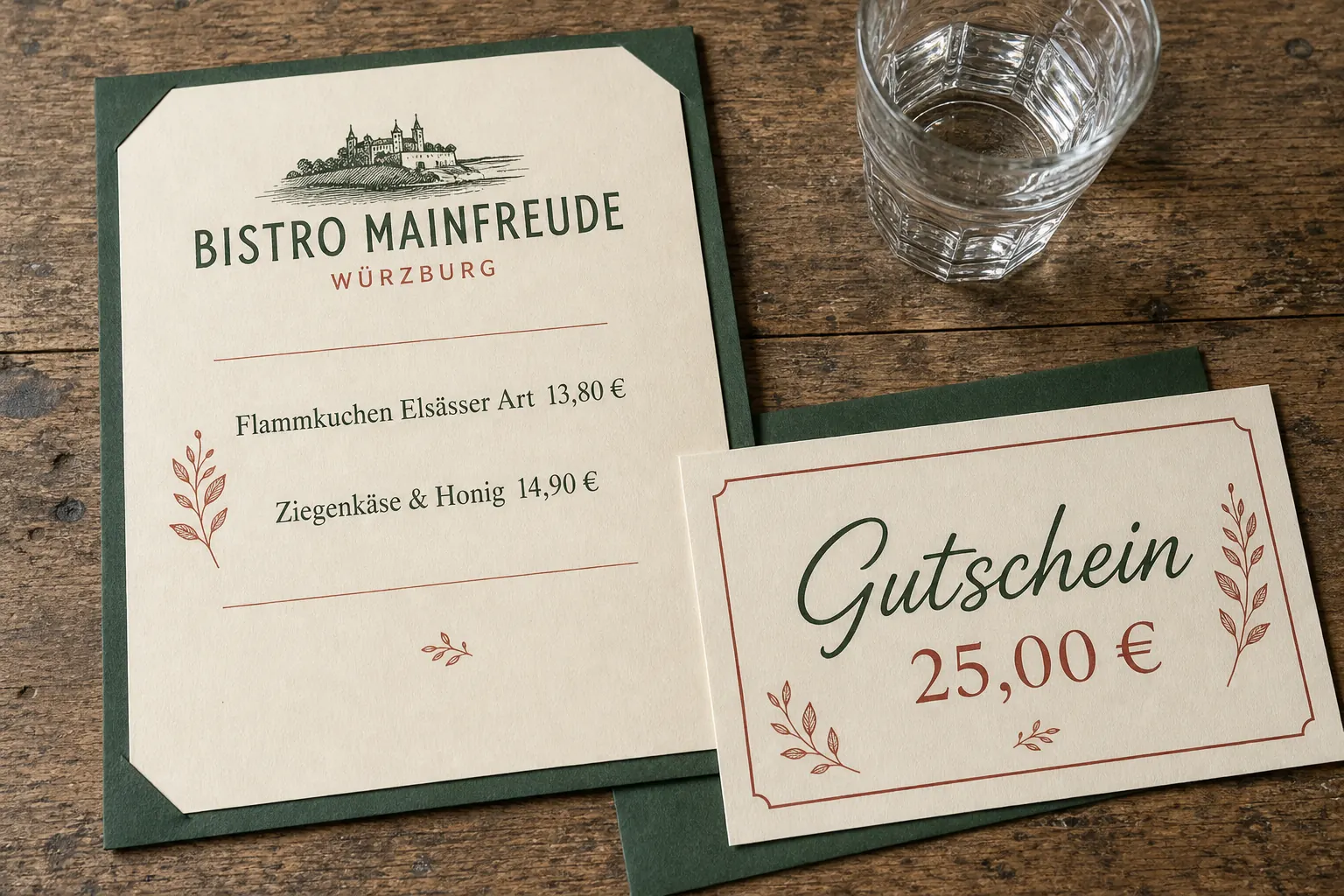 Mockup einer modernen Speisekarte und eines Gutscheins